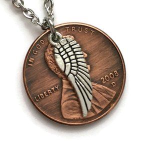 2000-2008 Lucky Penny Necklace Angel Wing Memorial Stainless Steel Coin Unisex
